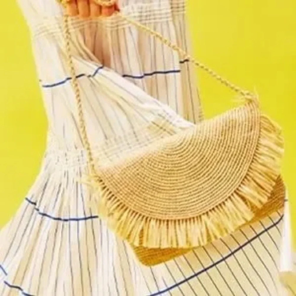 Mar Y Sol Raffia Crossbody Bag Tan Woven Fringe Straw Boho Beach